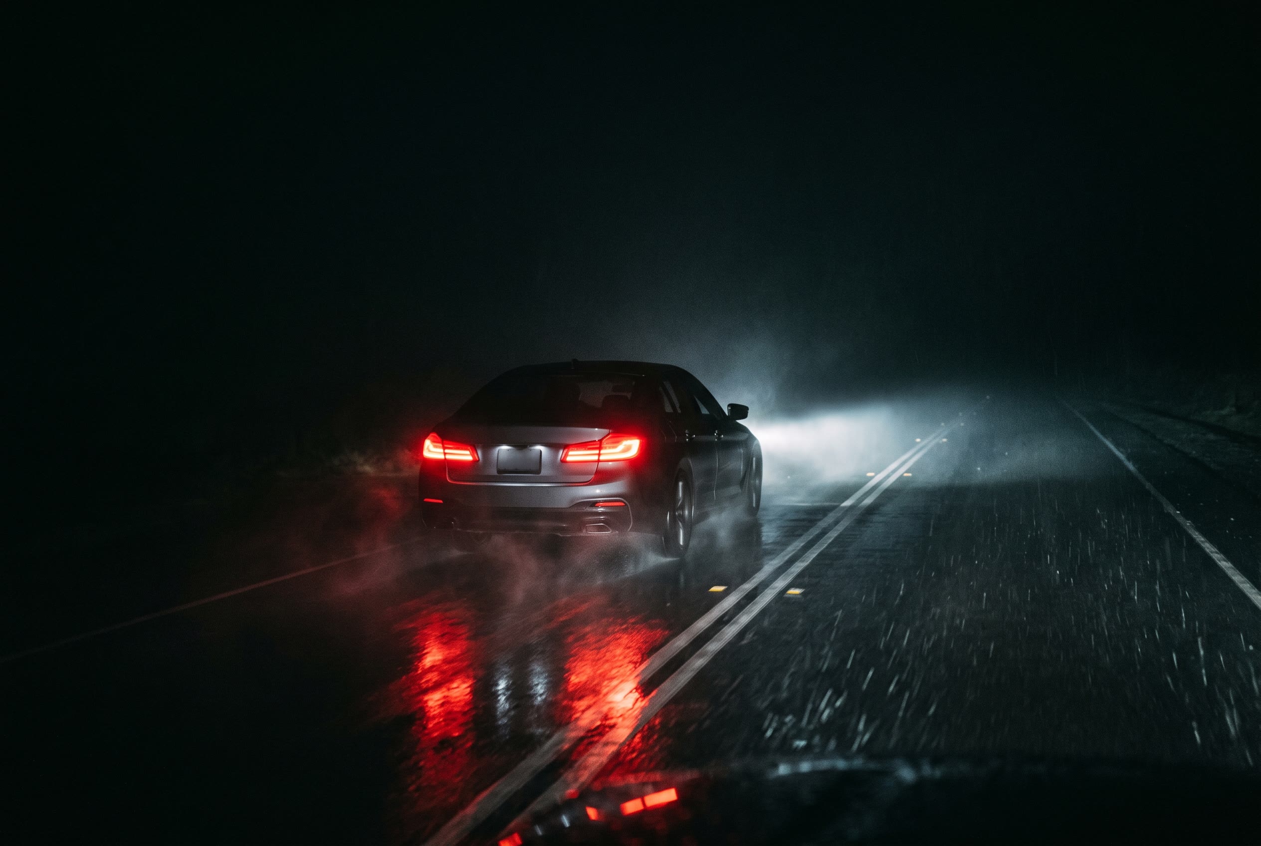 Car headlights cutting through rain on a dark highway at night
